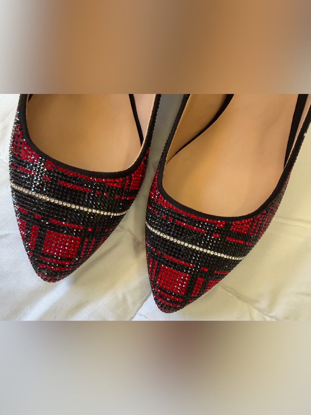 INC elegant RED and BLACK plaid rhinestone stiletto heels - Picture 6 of 10